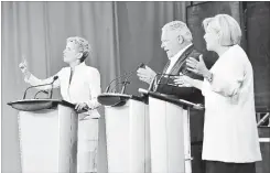  ?? FRANK GUNN THE CANADIAN PRESS ?? Kathleen Wynne, left to right, Doug Ford and Andrea Horwath participat­e during the third and final televised debate of the provincial election campaign.