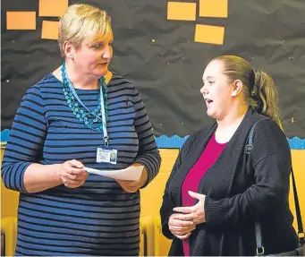  ?? Picture: Steve MacDougall. ?? Catherine Cochrane, right, chats with Caroline Shiers at the meeting at Balhousie Primary School yesterday. Mrs Shiers has stood down as deputy leader of the council.