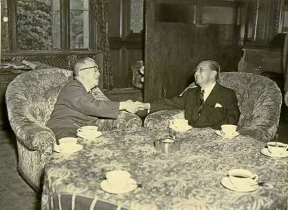  ??  ?? Elpidio Quirino, already a private citizen in 1955, visits Japan. He’s shown with Japanese Prime Minister Ichiro Hatoyama on May 24, 1955.