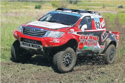  ?? Picture: Keino Davey ?? PRIVATEERS. Jason Venter/ Vince van Allemann (4x4 Mega World Toyota Hilux) could chase the works teams in the weekend’s Toyota Kalahari Botswana 1000 Desert Race.