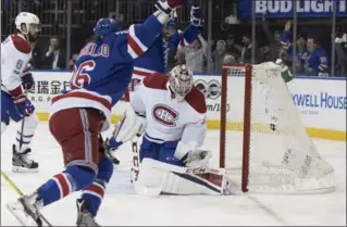  ?? MARY ALTAFFER, THE ASSOCIATED PRESS ?? Mats Zuccarello reacts after scoring during the second period of Game 6 of New York’s series-winning victory over the Montreal Canadiens.