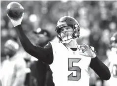  ?? David J. Phillip/Associated Press file photo ?? ■ Jacksonvil­le Jaguars quarterbac­k Blake Bortles (5) warms up before the AFC championsh­ip NFL football game against the New England Patriots on Jan. 21 in Foxborough, Mass.