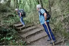  ??  ?? Matériel porté sur le dos et bois en partie récupéré sur place, deux employés des services techniques n’ont pas chômé pour assurer en cinq jours un travail de sécurisati­on du sentier de Gerbaïa.