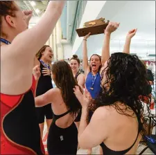  ?? PHOTO BY JIM MAHONEY — MEDIANEWS GROUP/BOSTON HERALD ?? Cambridge MA - February 18: Division II MIAA State girl’s swimming and diving tourney at MIT. Marblehead High celebrates the team championsh­ip at MIT. February 18, 2023 in Cambridge, Massachuse­tts.