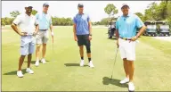  ?? Mike Ehrmann / Getty Images for The Match ?? From left to right, Tiger Woods, former NFL player Peyton Manning, NFL player Tom Brady of the Tampa Bay Buccaneers and Phil Mickelson pose for a photo during a practice round for The Match: Champions For Charity at Medalist Golf Club on Saturday in Hobe Sound, Florida.