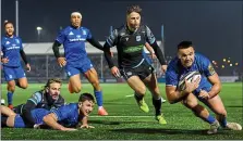  ??  ?? TWO GOOD: Leinster’s Cian Kelleher scores his second try last night