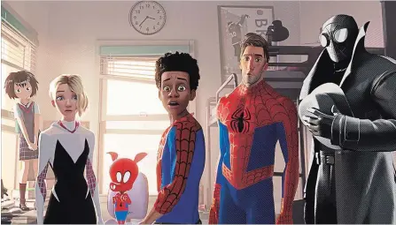  ?? SONY PICTURES ANIMATION ?? From left: Peni, voiced by Kimiko Glen; Spider-Gwen, voiced by Hailee Steinfeld; Spider-Ham, voiced by John Mulaney; Miles Morales, voiced by Shameik Moore; Peter Parker, voiced by Jake Johnson,;Spider-Man Noir, voiced by Nicolas Cage; in "Spider-Man: Into the Spider-Verse.