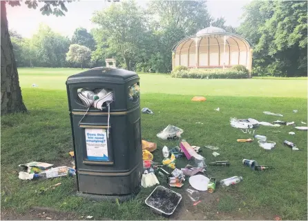  ??  ?? Rubbish found overflowin­g from bins in Royal Victoria Park after a sunny weekend in June