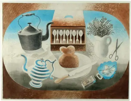  ??  ?? Kettle, Teapot, Breadboard, Matches, a watercolou­r design for Dunbar Hay by Eric Ravilious