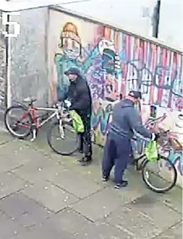  ??  ?? CCTV images released in connection with the armed robbery show the suspects making their getaway on pushbikes.