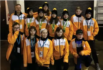  ??  ?? Members of the Team South West girls in yellow with their medals at Sask Winter Games in North Battleford.