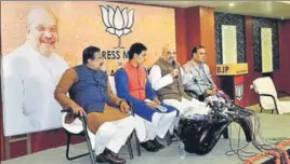  ?? PTI ?? BJP chief Amit Shah and other party leaders address the media in Agartala on Monday.