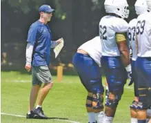  ?? STAFF PHOTO BY ERIN O. SMITH ?? UTC wide receivers coach Greg Harbaugh talks to players during practice Monday. Harbaugh is in his first season on staff, with second-year head coach Tom Arth hiring him in the spring.