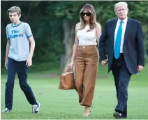  ??  ?? President Donald Trump, first lady Melania Trump, and their son Barron Trump walk from Marine One across the South Lawn to the White House in Washington on Sunday. (AP)