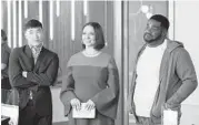  ?? APPLE TV+ ?? Joel Kim Booster, from left, Maya Rudolph and Ron Funches are among the cast of the new comedy“Loot.”