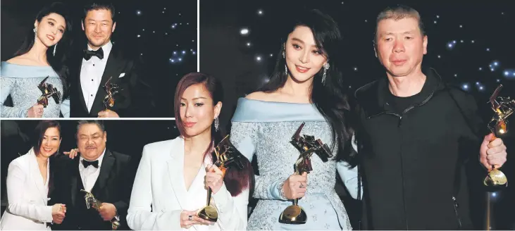  ??  ?? (Clockwise from right) Actress Fan Bingbing and director Feng Xiaogang celebrate with their Best Actress and Best Film awards at the Asian Film Awards in Hong Kong. • Hong Kong singer-actress Sammi Cheng celebrates after winning the Excellence in Asian...