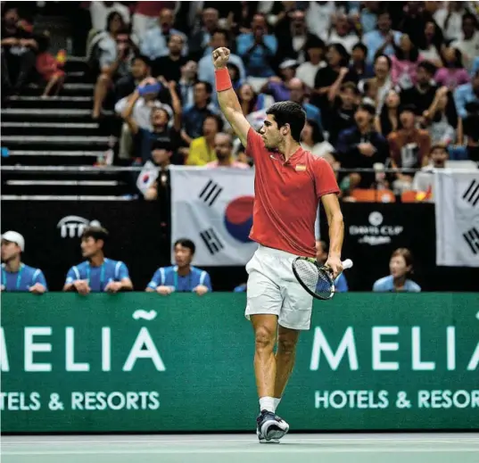  ?? Picture: REUTERS/PABLO MORANO ?? TOP OF THE WORLD: Spain's Carlos Alcaraz reacts during his match against Republic of Korea's Kwon Soon-woo during the Davis Cup - Group B.