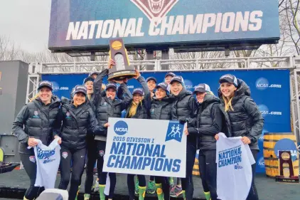  ?? COURTESY OF THE UNIVERSITY OF NEW MEXICO ?? Members of the UNM women’s cross-country team celebrate their NCAA Division I championsh­ip in Louisville, Ky. It was the second NCAA title in school history.