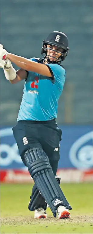  ??  ?? High and mighty: Sam Curran swings the ball to leg during his fighting innings of 95 in a losing cause in the final ODI in Pune
Left-handed
Sam Curran’s wagon wheel shows he scored all around the ground yesterday, clocking up more runs than in his previous seven ODIS combined (37).