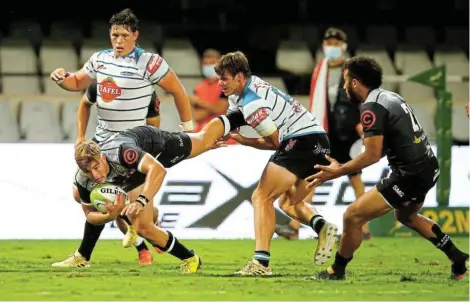  ?? Picture: STEVE HAAG/GALLO IMAGES ?? IMPRESSIVE DEBUT: The Cell C Sharks’ Murray Koster in action against the Tafel Lager Griquas on Sunday at Growthpoin­t Kings Park, in Durban