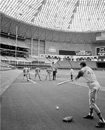  ?? AP Photo/Ed Kolenovsky ?? Sam McDowell, Cleveland Indians pitcher, hits the ball during a pepper game when the American League All-Star team worked out in the Astrodome in Houston in July 1968.