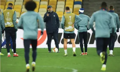  ??  ?? Maurizio Sarri during a Chelsea training session in Kyiv in preparatio­n for their Europe League match. Photograph: Darren Walsh/Chelsea FC via Getty Images