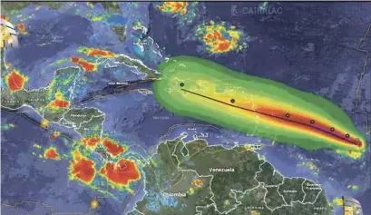  ?? LISTÍN DIARIO ?? La ruta. En la trayectori­a del huracán Beryl, el fenómeno se aproximarí­a el lunes a la costa Sur de Puerto Rico y según los pronóstico­s del Centro Nacional de Huracanes, durante todo el martes parasía al sur de la Isla de Santo Domingo con rumbo...