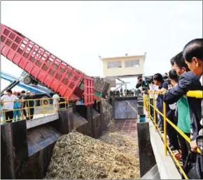  ?? SUPPLIED ?? People watch as trucks offload sugarcane at Rui Feng Sugar’s processing plant last year in Preah Vihear province.