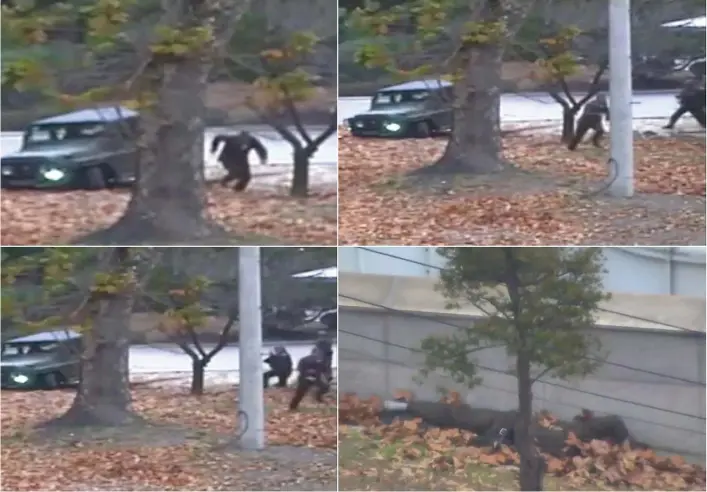  ?? Bild: TT /GP ?? DRAMATIK. En filmsekven­s visar den nordkorean­ske soldatens avhopp, hur han flyr och ligger skottskada­d i löven på sydsidan innan han kan räddas.