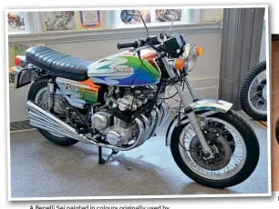  ??  ?? A Benelli Sei painted in colours originally used by Slade guitarist Dave Hill on his own Benelli six
Lawrence Pillay's splendid KH400