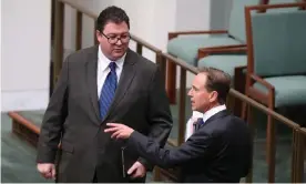  ?? Photograph: Mike Bowers/The Guardian ?? George Christense­n and Greg Hunt. The health minister has avoided criticisin­g Christense­n or his fellow backbenche­r Craig Kelly’s views on hydroxychl­oroquine.