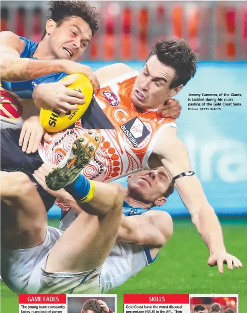  ?? Picture: GETTY IMAGES ?? Jeremy Cameron, of the Giants, is tackled during his club’s pasting of the Gold Coast Suns.