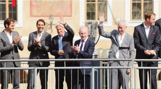  ??  ?? PRAGUE: (L to R) Swiss tennis player Roger Federer, Spanish tennis player Rafael Nadal, Swedish former tennis player Bjorn Borg, former tennis player of Australia Rod Laver,former tennis player of US John McEnroe pose on the stage ahead of the tennis...