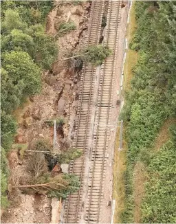  ?? NETWORK RAIL. ?? An aerial shot of the damage inflicted to the Edinburgh-Glasgow line near Polmont following a canal breach on August 12.