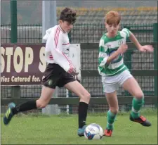  ??  ?? Luke Leavy of Gorey Celtic on the ball as Luke Boxwell moves in.