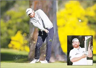  ??  ?? J.B. Holmes hits his second shot on the 13th hole during the final round. (Inset): Holmes holds up his trophy on the 18th green after winning the Genesis Open golf tournament at Riviera Country Club on Feb 17, in the PacificPal­isades area of Los Angeles. (AP)