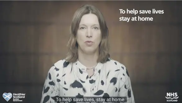 ??  ?? Do as I say, not as I do: Catherine Calderwood in a public informatio­n film on coronaviru­s urging the Scottish public to stay at home and save lives