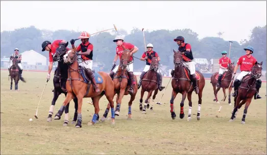  ??  ?? Delhi Jindal Panther and Jaipur Avengers trying to rotate ball with their mallets into the opposing team’s goal post.