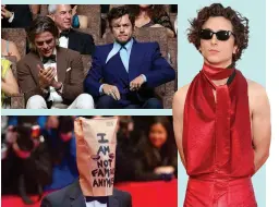  ?? Bones and All, Nymphomani­ac. ?? Clockwise from top: Chris Pine and Harry Styles moments after the alleged “spitgate” incident at the Venice premiere of Don’t Worry Darling; Timothée Chalamet garnered accolades for his red carpet look at the Venice premiere of less so for Shia LaBeouf at the 2014 Berlin premiere of