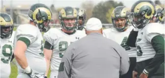  ??  ?? Colorado State defensive line coach Ricky Logo addresses his group during spring practice.