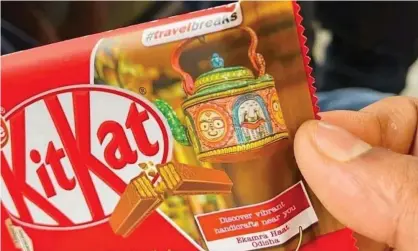  ?? ?? One of the KitKat wrappers that has drawn criticism in India for featuring Hindu deities. Nestle has recalled the range from sale. Photograph: Sanjeeb Kumar Shaw/@sanjeebsha­w1/Twitter