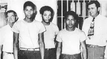  ?? COURTESY OF GARY CORSAIR ?? Walter Irvin, second on left, Charles Greenlee and Samuel Shepherd — along with Ernest Thomas, not pictured — were accused of rape. Also pictured: Jailer Reuben Hatcher, left, and Sheriff Willis McCall, far right.