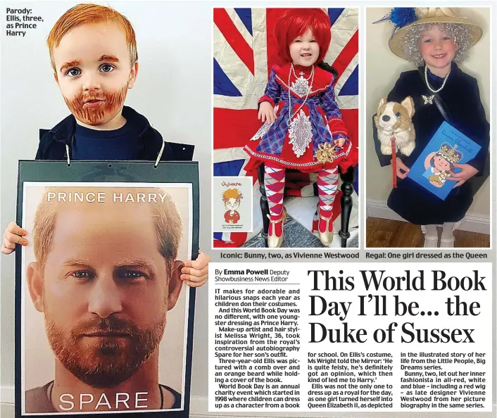  ?? ?? Parody: Ellis, three, as Prince Harry
Iconic: Bunny, two, as Vivienne Westwood
Regal: One girl dressed as the Queen