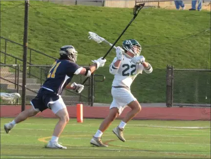  ?? ED MORLOCK — MEDIANEWS GROUP ?? Methacton’s Justin Sanelli takes a shot with Upper Merion’s Brett Leflar defending.