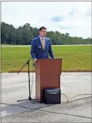  ?? kevin Myrick ?? State Rep. Trey Kelley thanked local and state officials for working together to bring a project proposed by former Governor Nathan Deal to a reality during a June 25 groundbrea­king ceremony at Cornelius Moore Field.