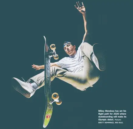 ?? Picture: BRETT HEMMINGS, RED BULL ?? Mikey Mendoza has set his flight path for 2020 where skateboard­ing will make its Olympic debut.