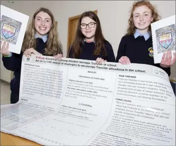  ??  ?? Leah Coleman, Leah Power and Hannah Kavanagh, 4th students from Bunclody Vocational College, Wexford, with their project, ‘ Keeping the Young Modern Teenager Traveller in School’.