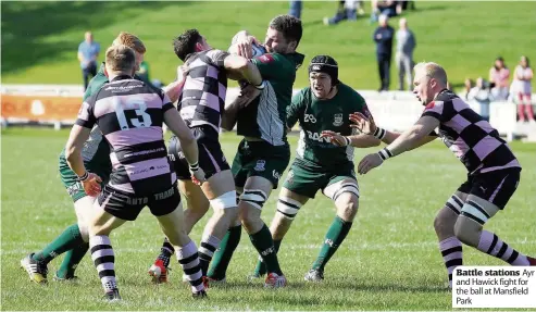  ??  ?? Battle stations Ayr and Hawick fight for the ball at Mansfield Park