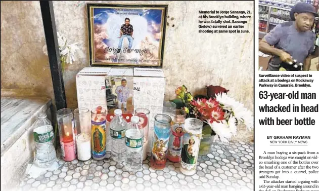  ?? ?? Memorial to Jorge Sanango, 21, at his Brooklyn building, where he was fatally shot. Sanango (below) survived an earlier shooting at same spot in June.
Surveillan­ce video of suspect in attack at a bodega on Rockaway Parkway in Canarsie, Brooklyn.