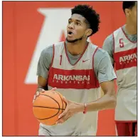  ?? NWA Democrat-Gazette/ANDY SHUPE ?? Arkansas guard Isaiah Joe made a school-record 113 three-pointers last season as a freshman. In Tuesday night’s season-opening victory over Rice, he showed off other skills as well.